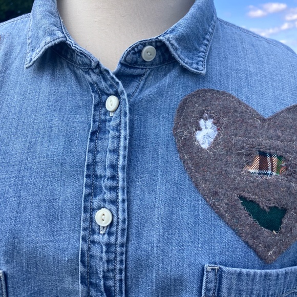 One-of-a-Kind Upcycled Denim Shirt | Cropped Distressed Denim with Wool Patches - Picture 4 of 8